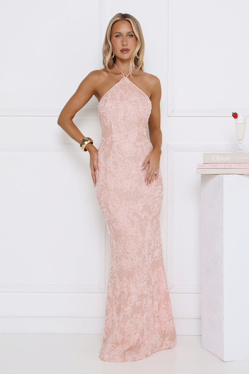 The Sparkling Muse Sequin Halter Maxi Dress Pink