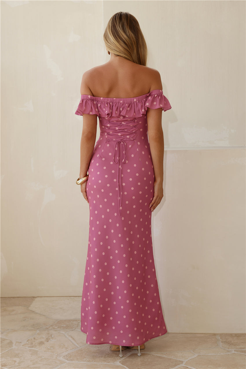 Dotted Delight Off Shoulder Maxi Dress Magenta