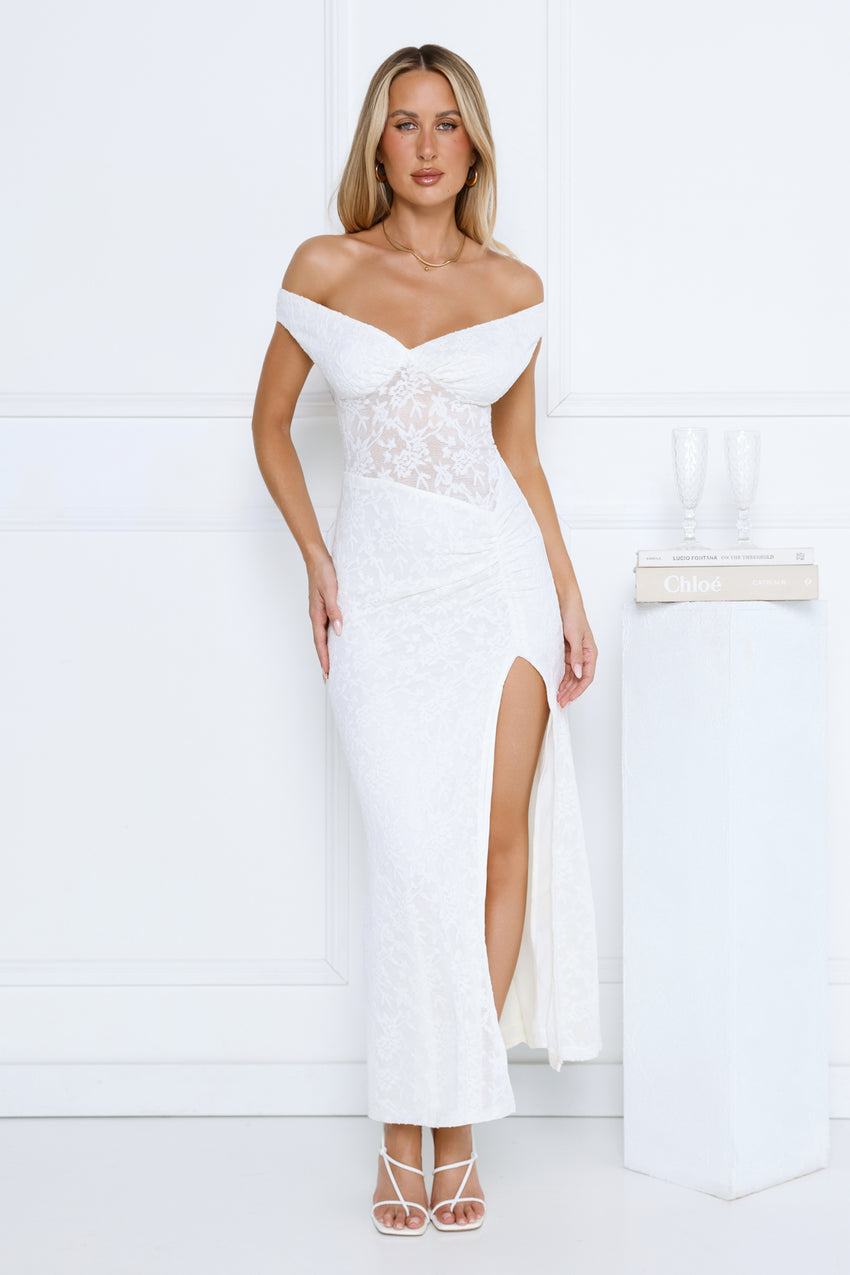 Ivory Veil Off Shoulder Lace Maxi Dress White