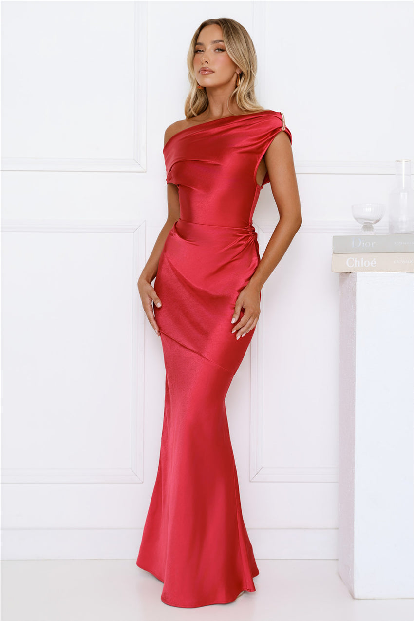 She’s A Dream Satin Off Shoulder Maxi Dress Red