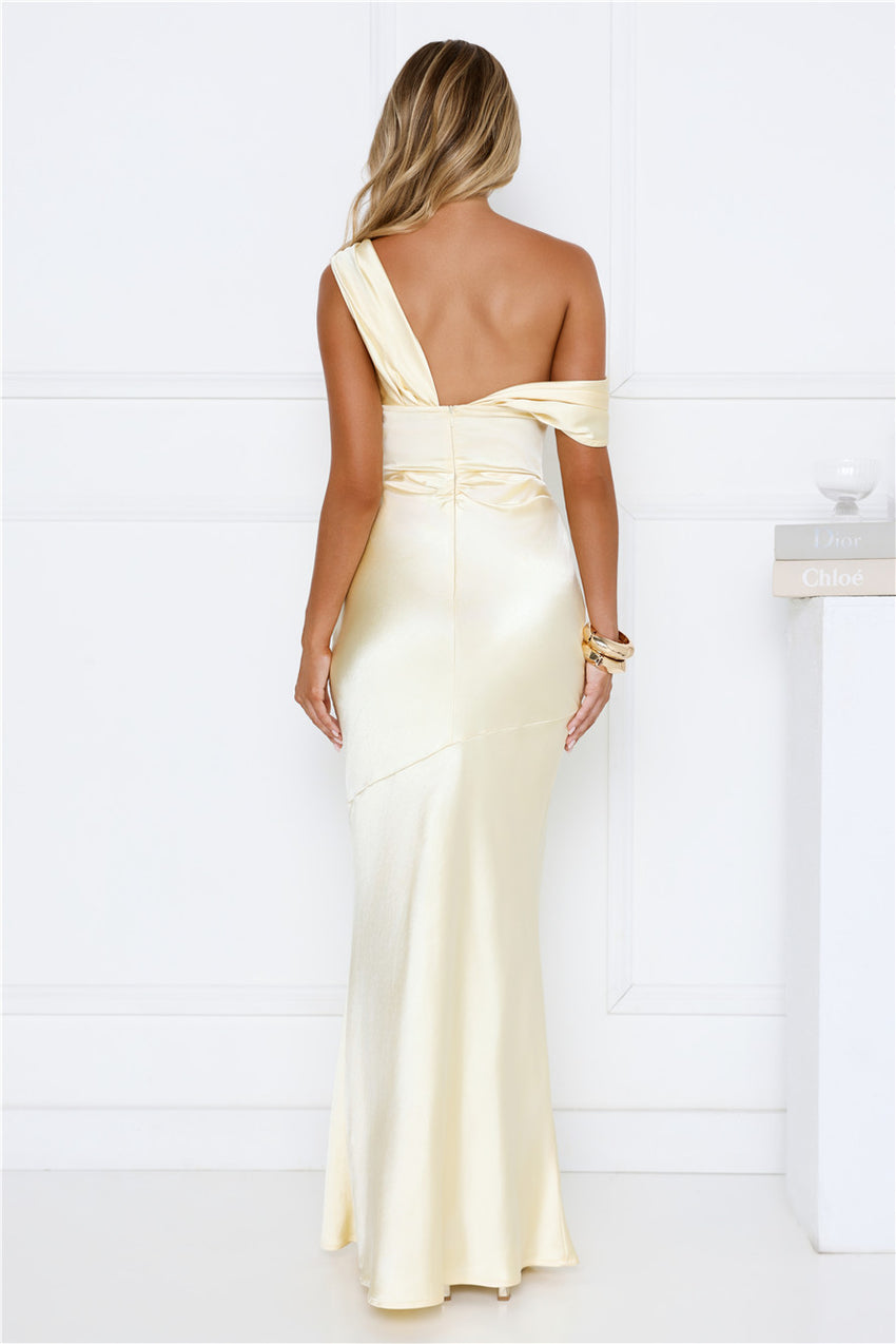 She’s A Dream Satin Off Shoulder Maxi Dress Yellow