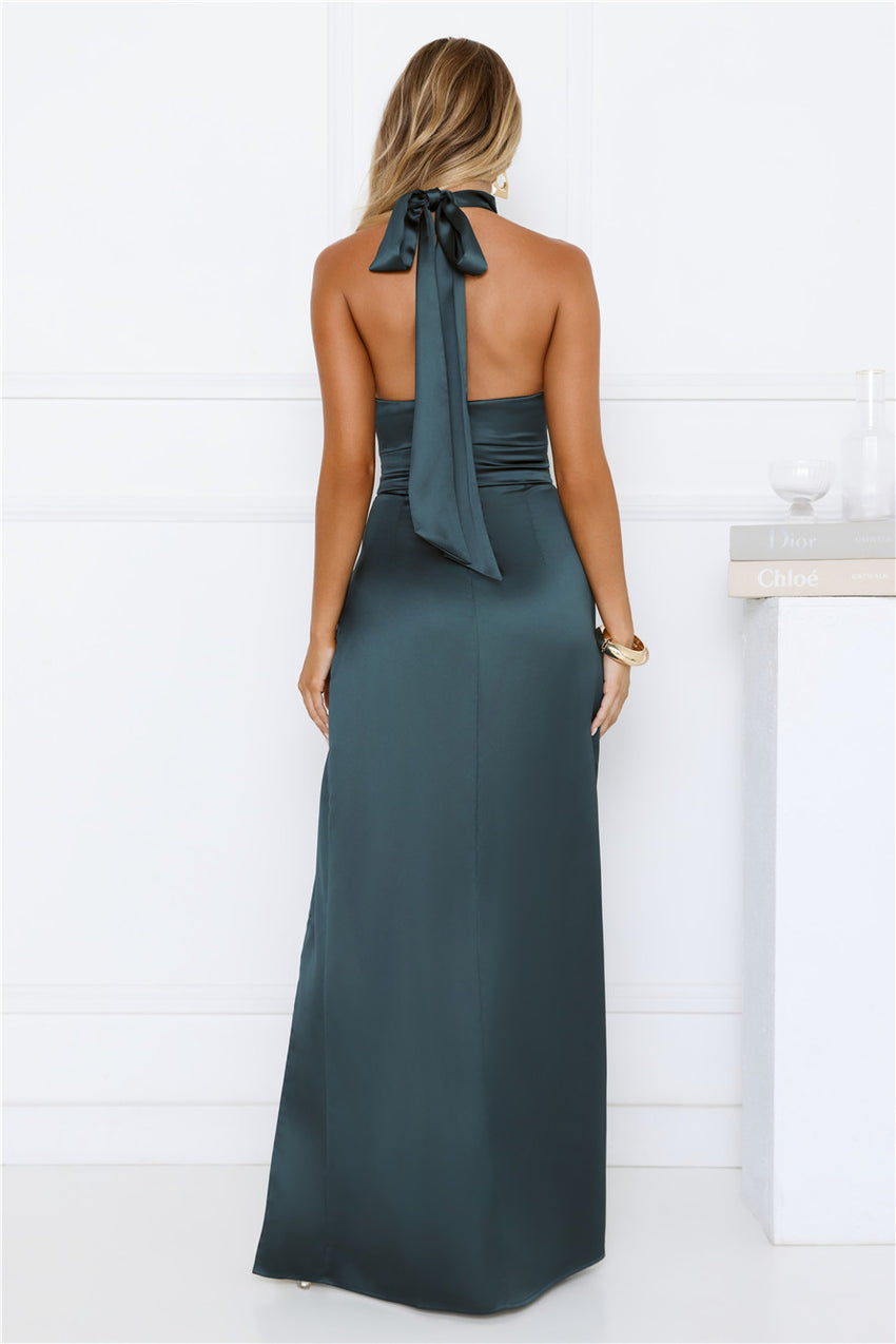 Satin Sophistication Halter Maxi Dress Green