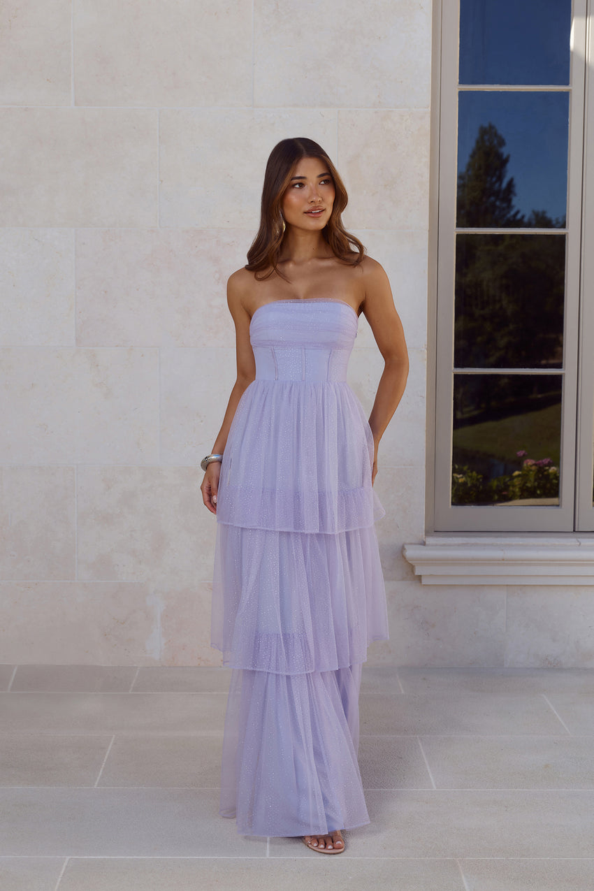 Premiere Glam Strapless Tulle Maxi Dress Lilac