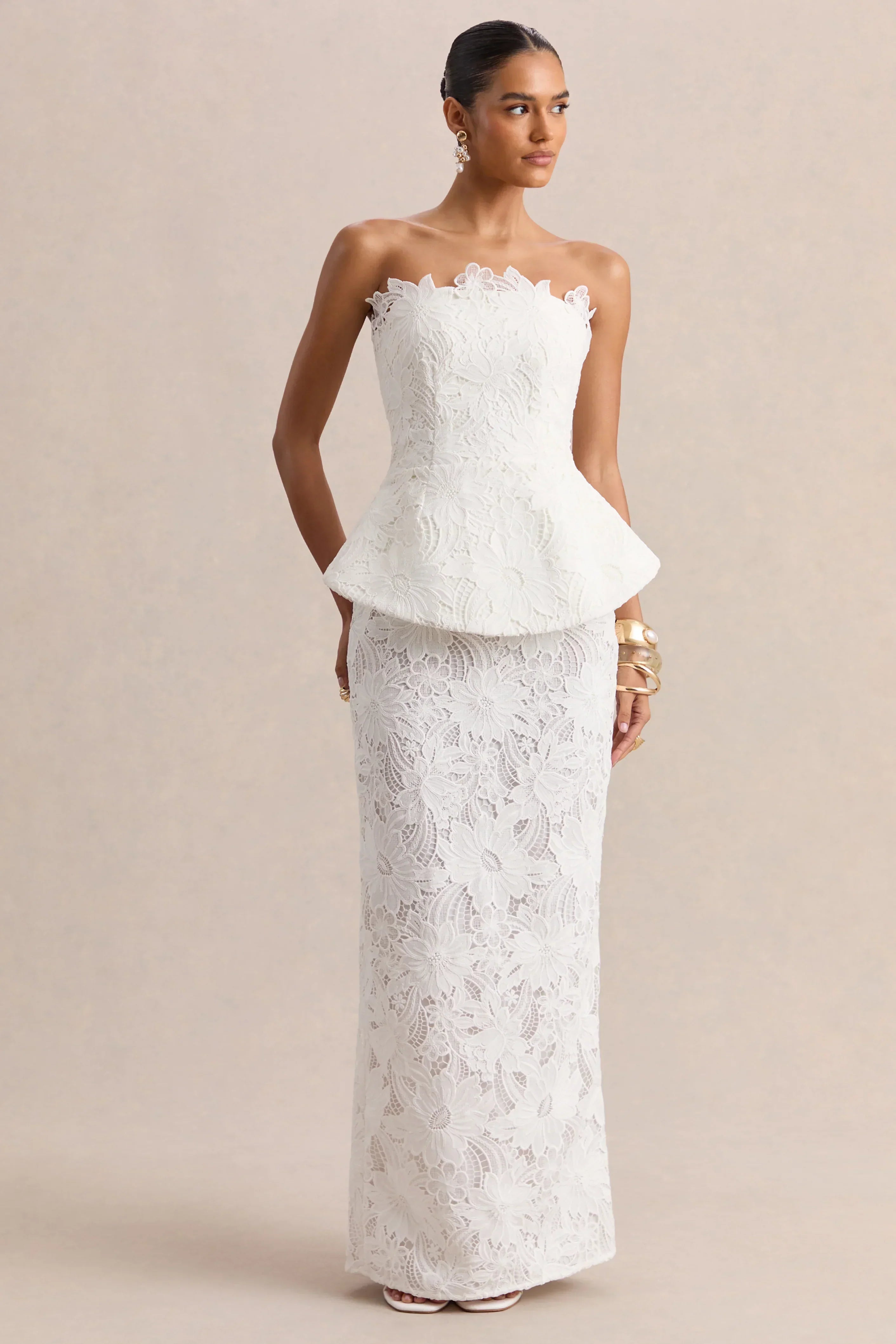 Delvine | White Lace Bandeau Corset Maxi Dress