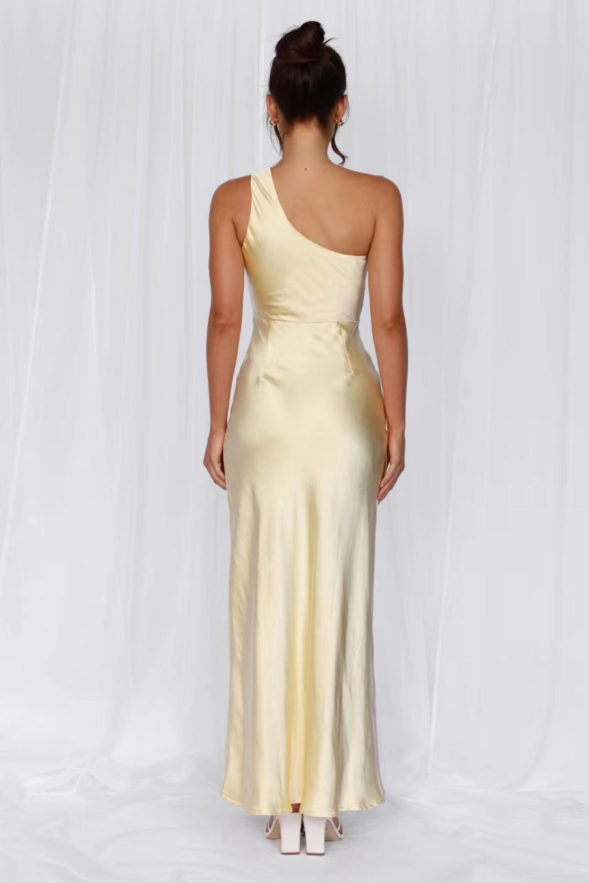 HELLO MOLLY The Aurora One Shoulder Satin Maxi Dress Yellow