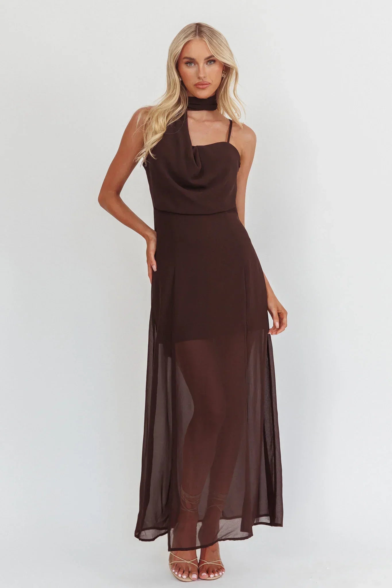 My Paradise Neck Scarf Maxi Dress Chocolate