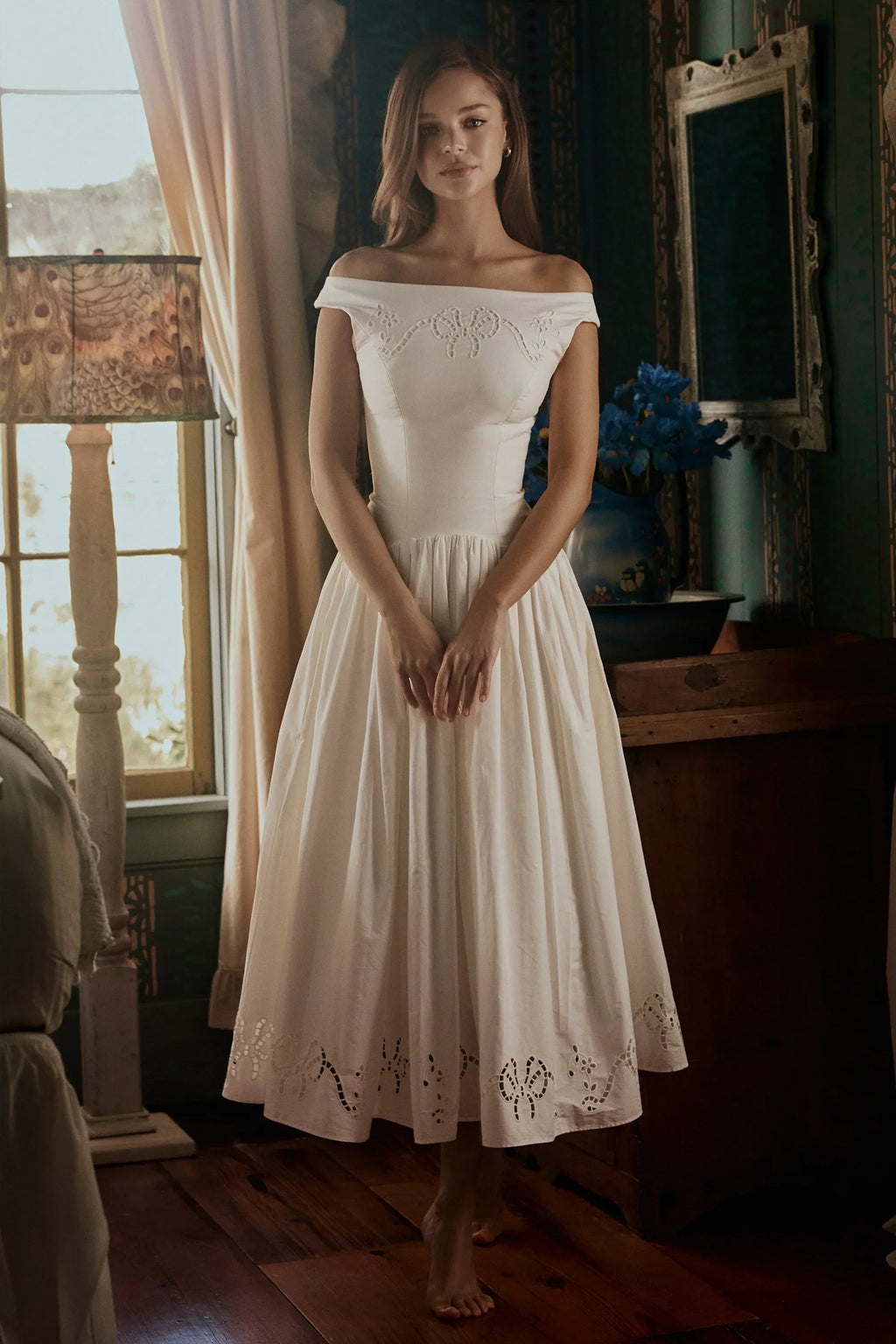 White Cotton Broderie Anglaise Boat Neck Maxi Dress