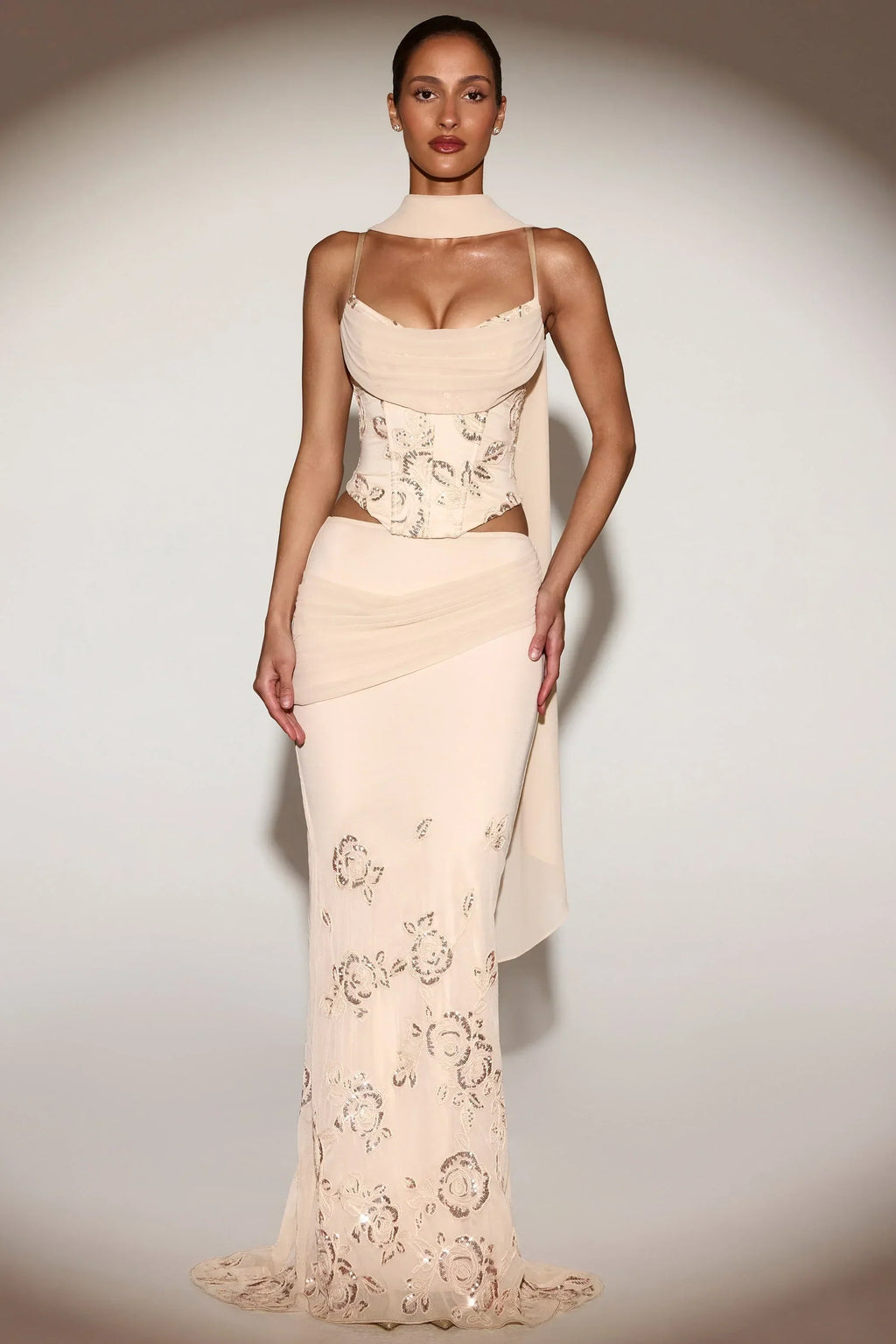 Embellished Lace-Up Corset Top With Scarf In Gold