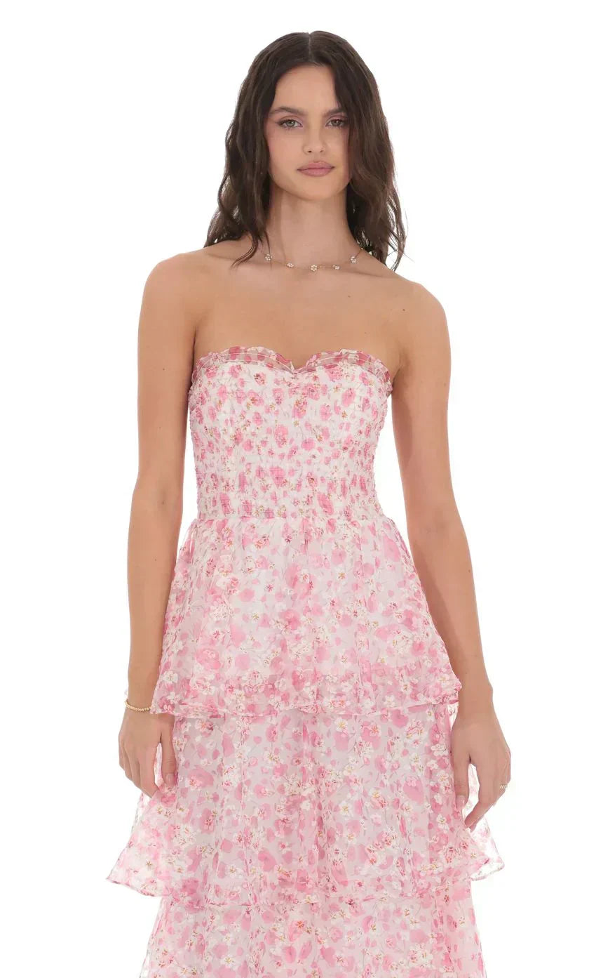 Smocked Floral Ruffle Maxi Dress In Pink