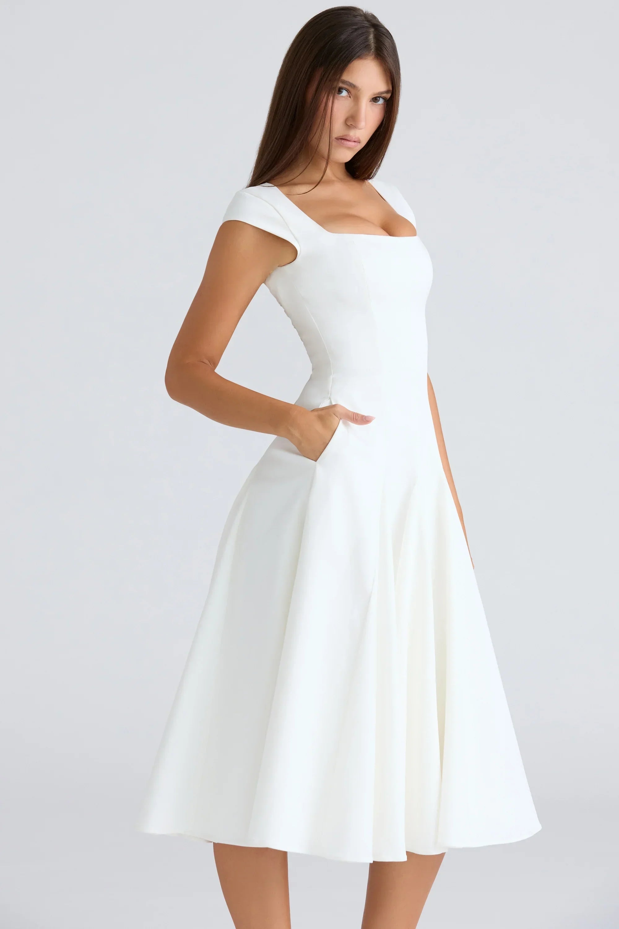 White Square Neck Twill Midi Dress