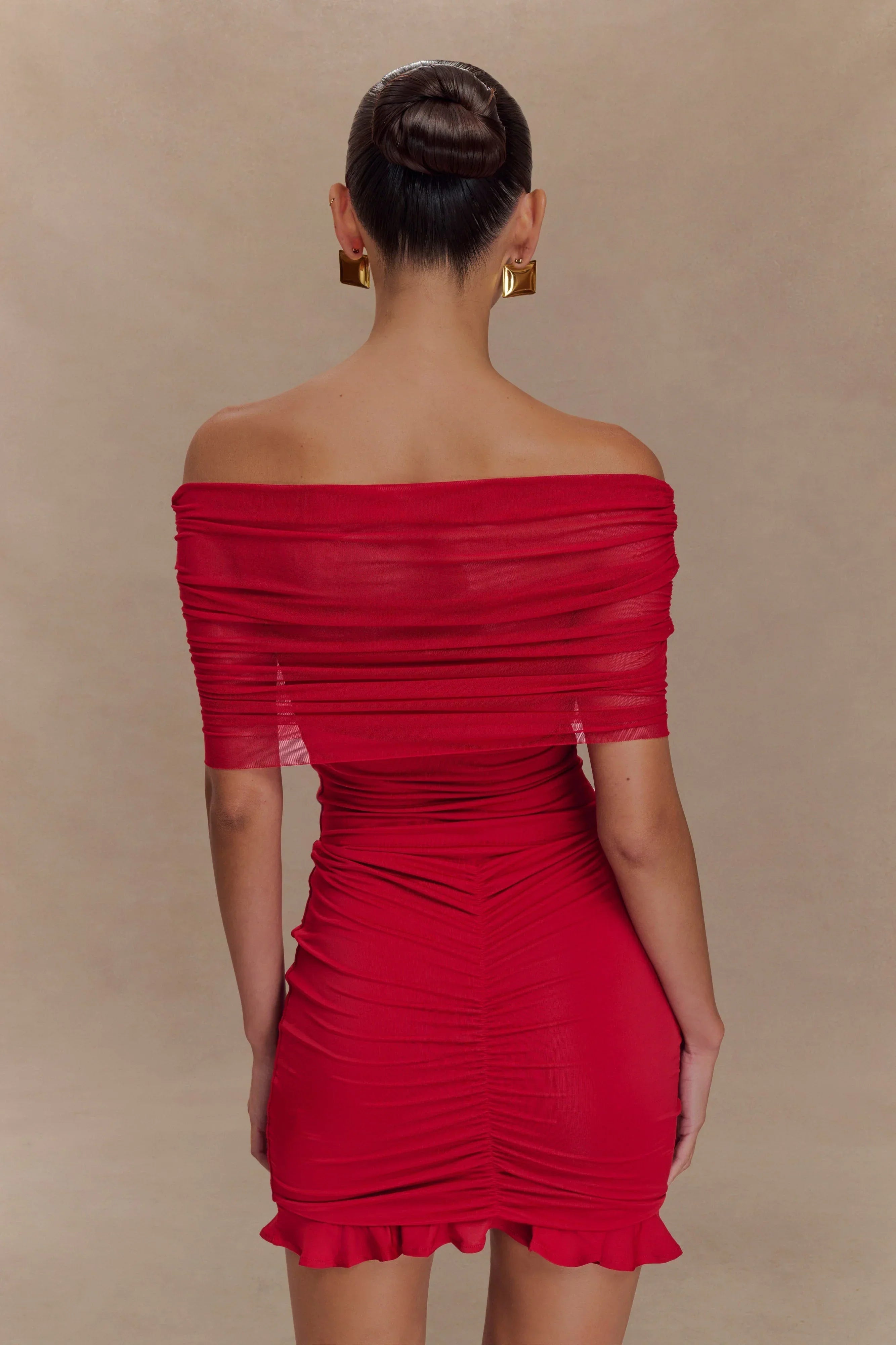 Caspian Slinky And Mesh Off Shoulder Mini Dress - Ruby