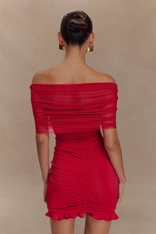 Caspian Slinky And Mesh Off Shoulder Mini Dress - Ruby