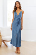 Sleek Night Satin Midi Dress Blue