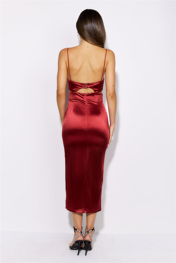 Sipping The Finest Satin Midi Dress Red