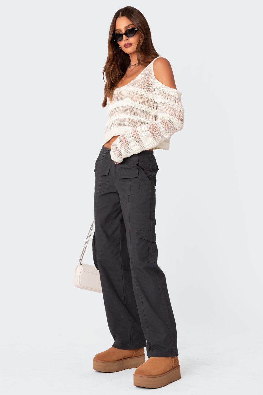 Textured Knit Open Shoulder Sweater