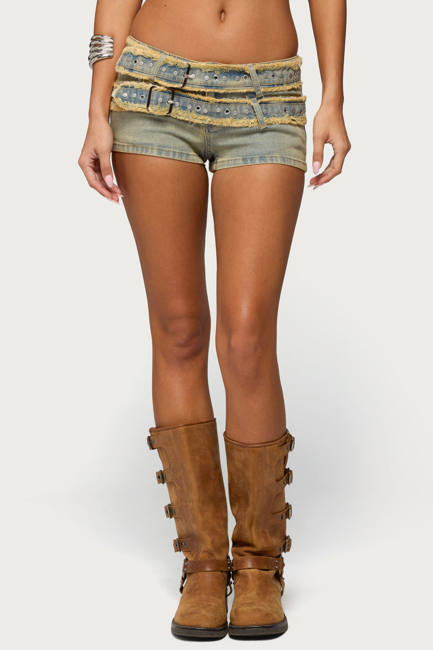 Alyza Distressed Belt Washed Denim Micro Shorts