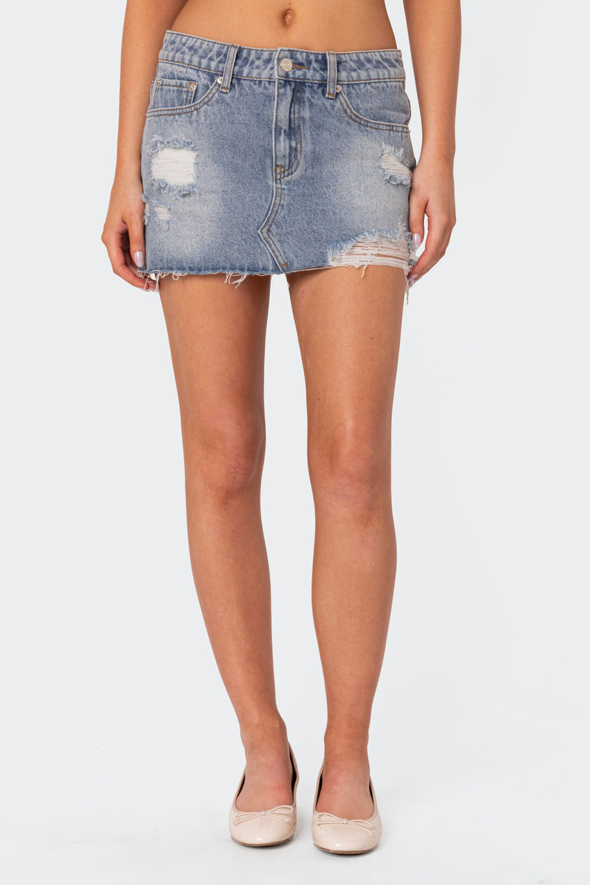 Ginnie Low Rise Distressed Denim Mini Skirt