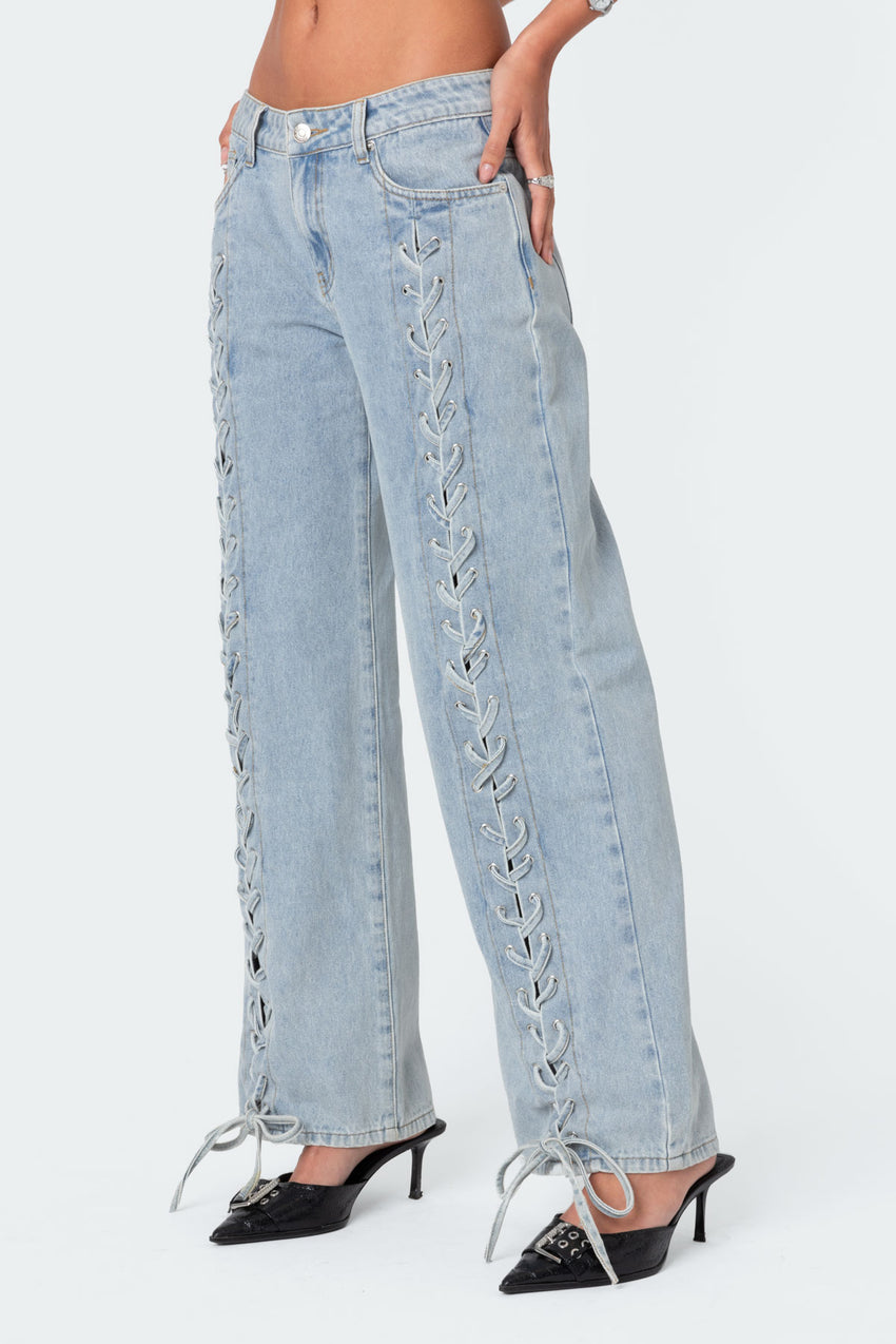 Laced Up Low Rise Baggy Jeans