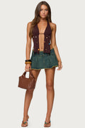 Frayed Pleated Denim Mini Skort