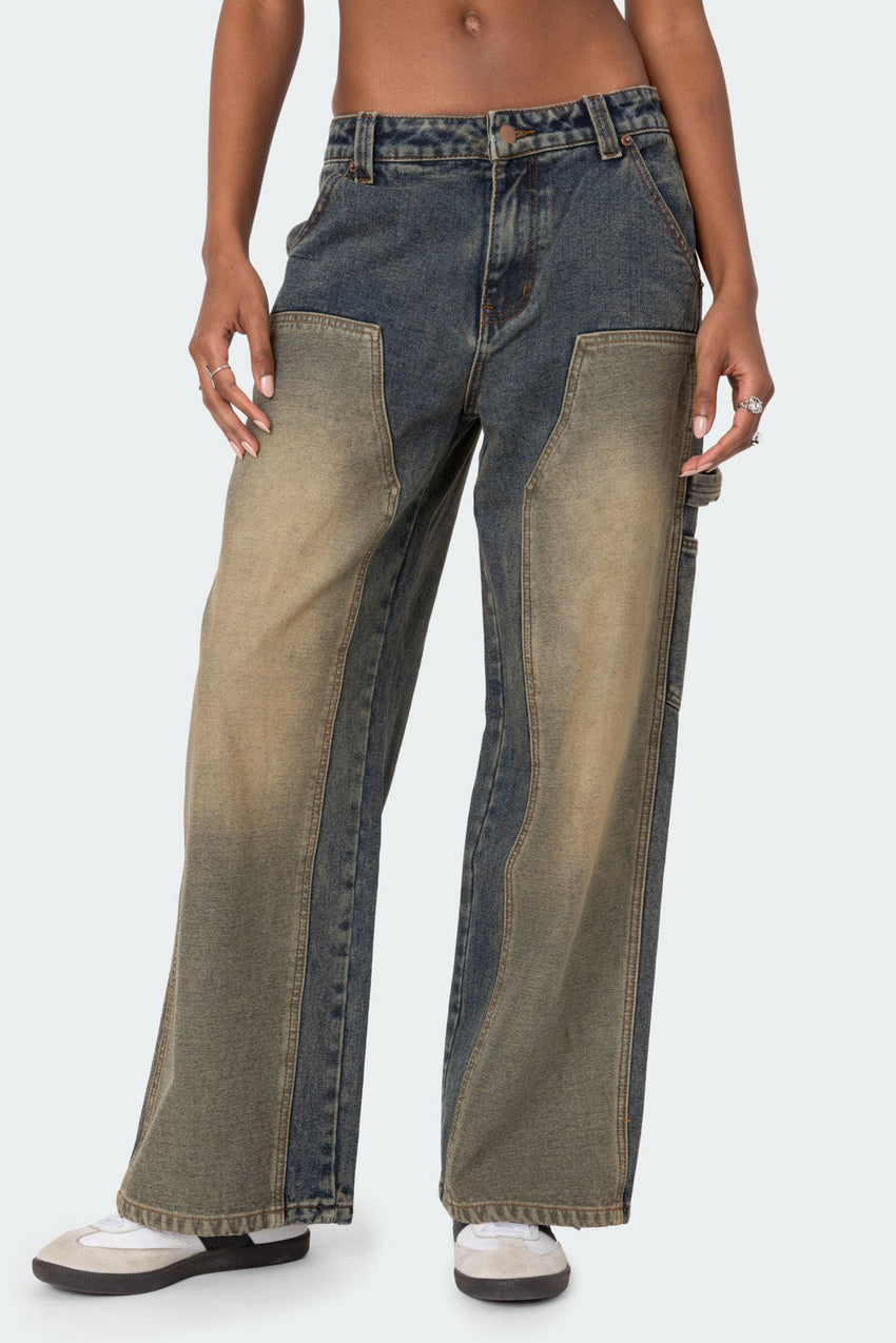 Contrast Panel Washed Mid Rise Baggy Jeans
