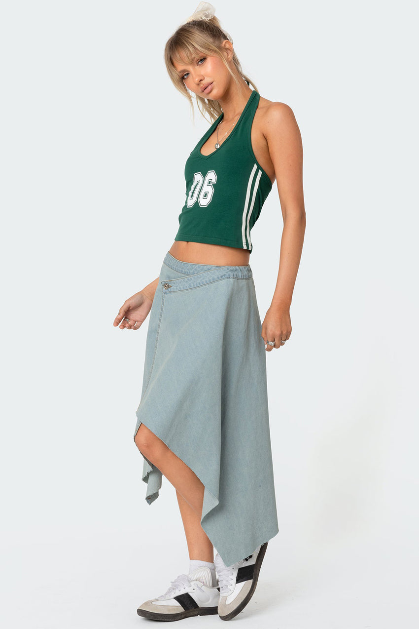 Asymmetric Wrapped Denim Midi Skirt