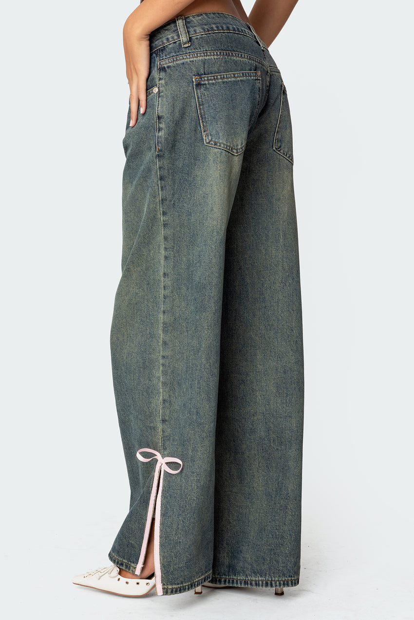 Bow Slitted Vintage Washed Low Rise Baggy Jeans