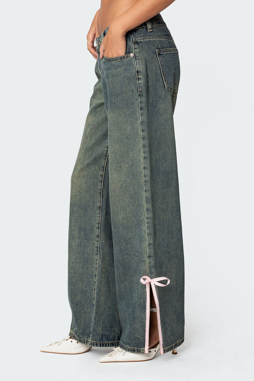 Bow Slitted Vintage Washed Low Rise Baggy Jeans