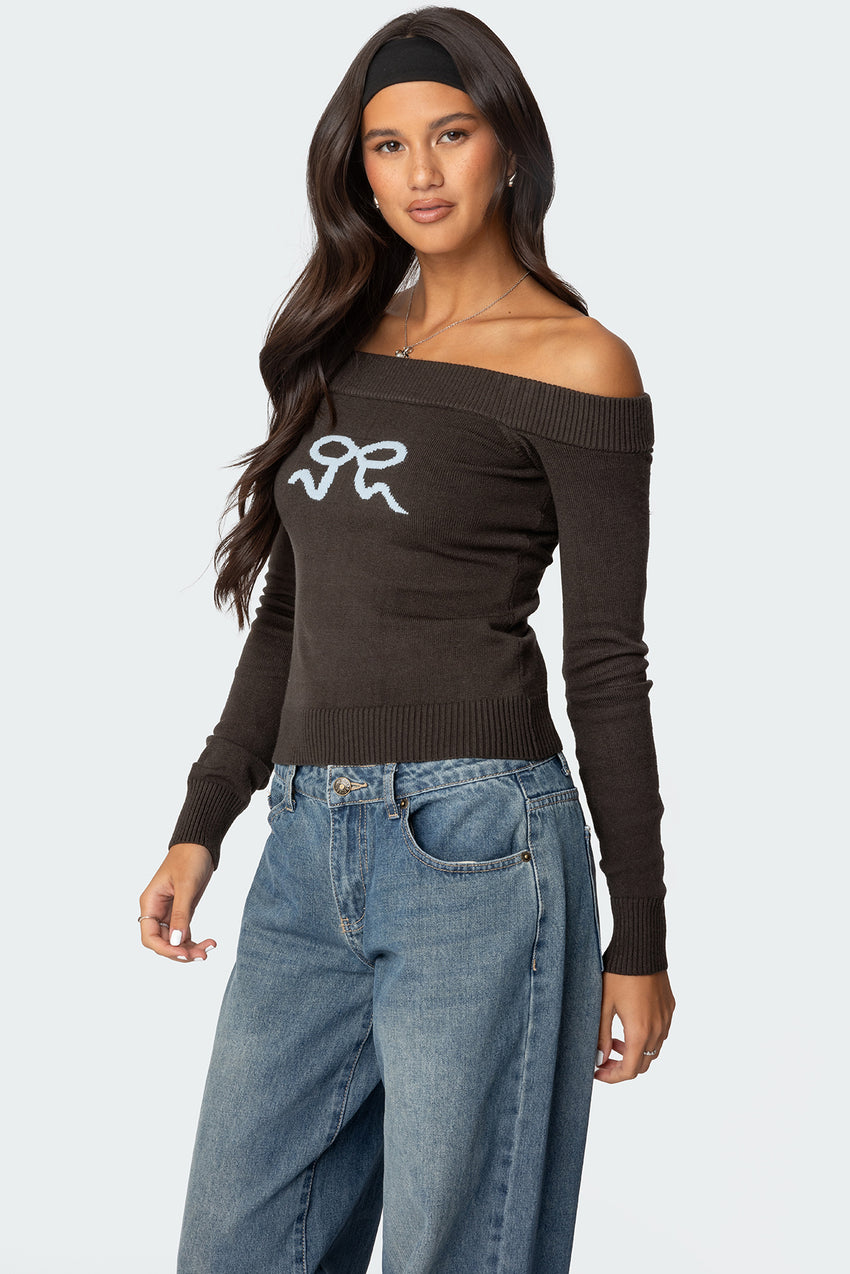 Tj Off Shoulder Knit Bow Top