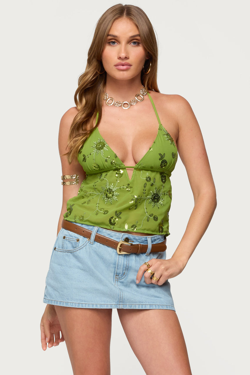 Kiki Sequin Floral Chiffon Halter Top