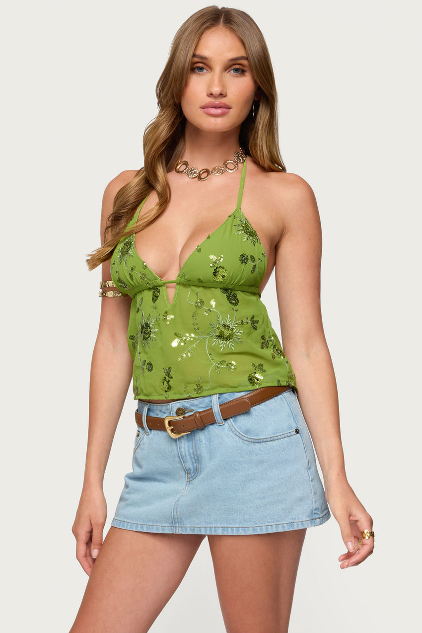 Kiki Sequin Floral Chiffon Halter Top