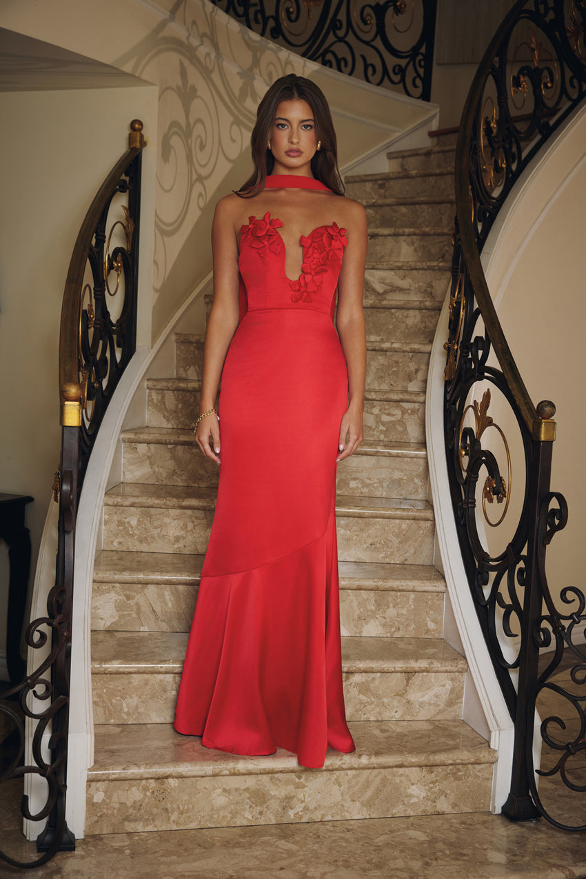 Wild Blossom Dance Strapless Satin Maxi Dress Red