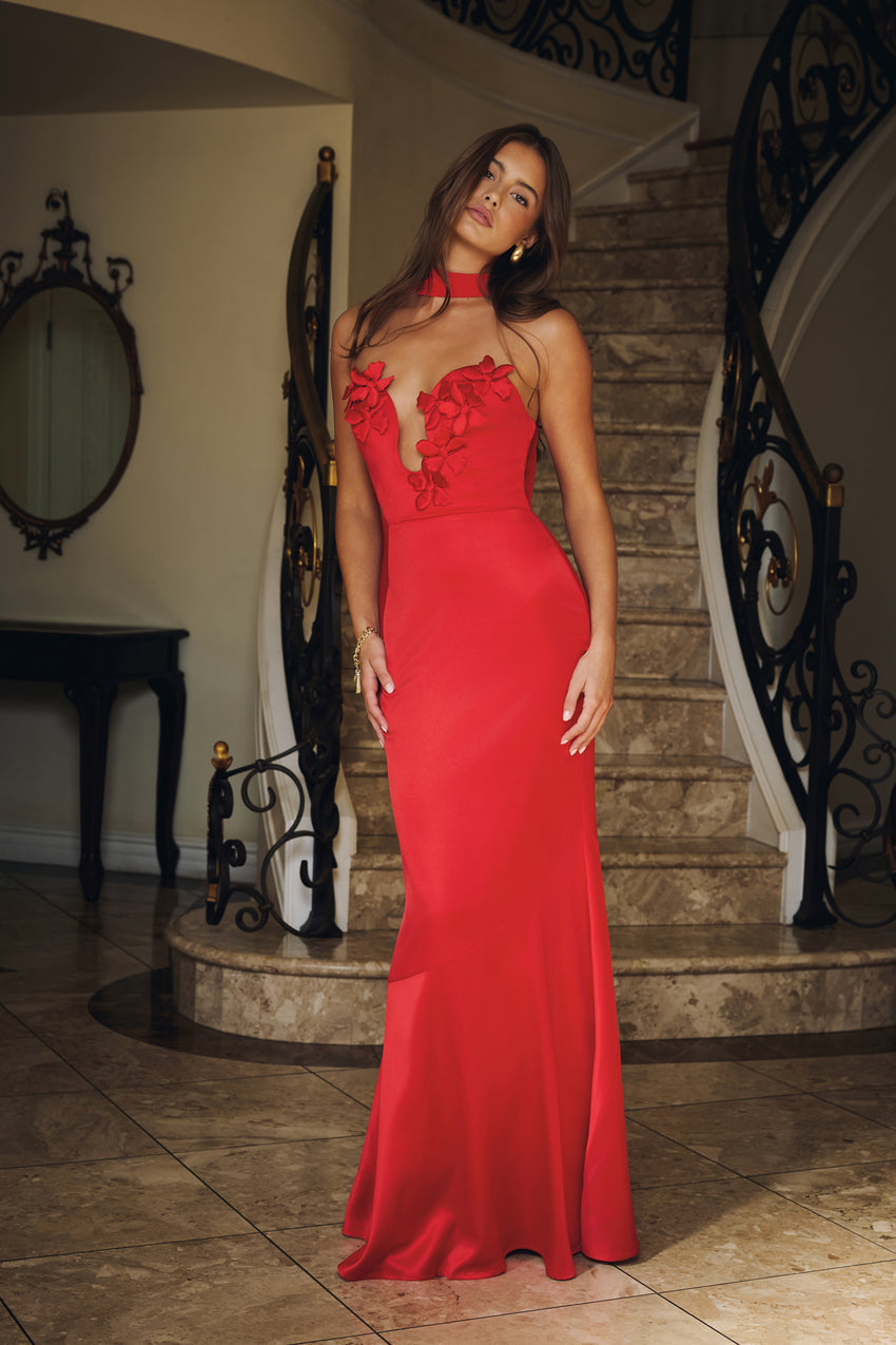Wild Blossom Dance Strapless Satin Maxi Dress Red