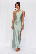 HELLO MOLLY The Aurora One Shoulder Satin Maxi Dress Sage