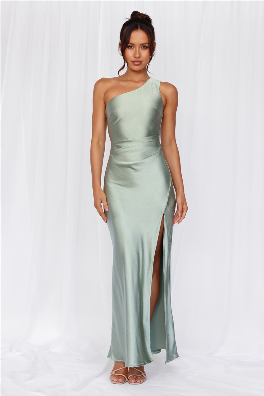 HELLO MOLLY The Aurora One Shoulder Satin Maxi Dress Sage