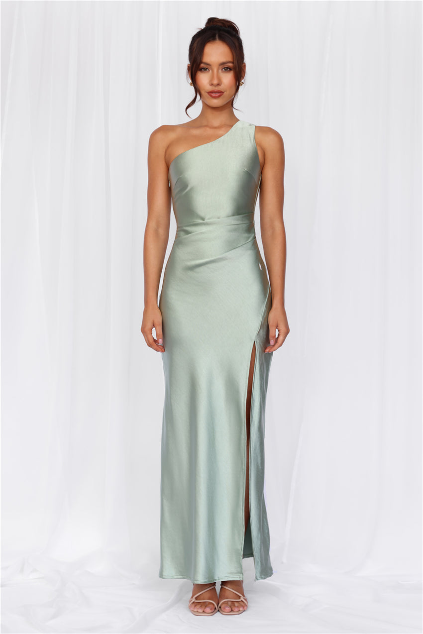 HELLO MOLLY The Aurora One Shoulder Satin Maxi Dress Sage