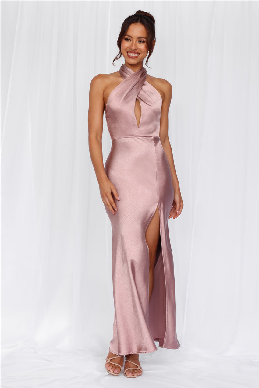 HELLO MOLLY The Adeline Halter Satin Maxi Dress Dusty Pink