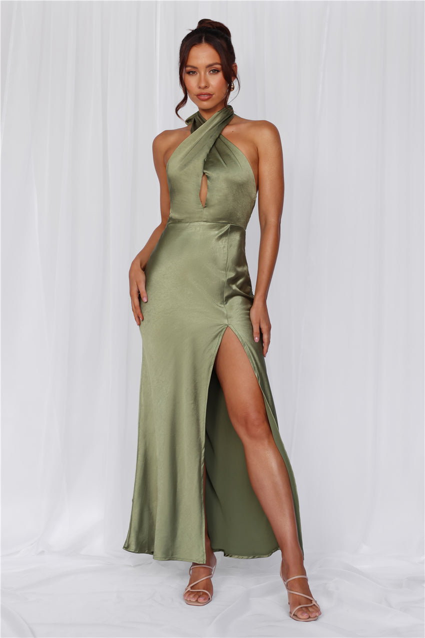 HELLO MOLLY The Adeline Halter Satin Maxi Dress Olive