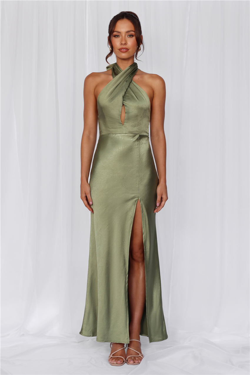 HELLO MOLLY The Adeline Halter Satin Maxi Dress Olive