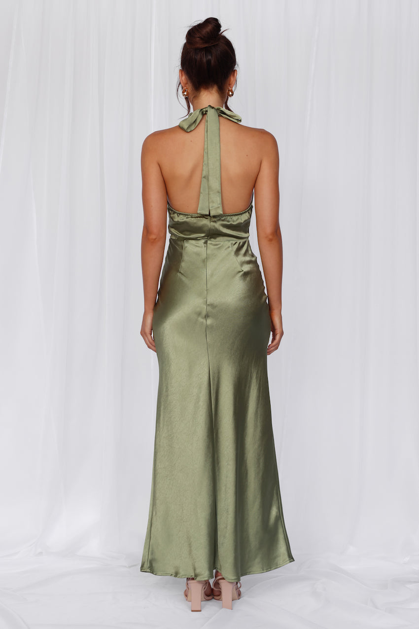 HELLO MOLLY The Adeline Halter Satin Maxi Dress Olive