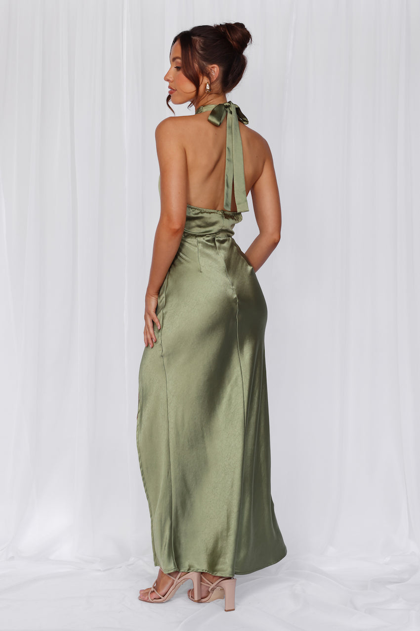 HELLO MOLLY The Adeline Halter Satin Maxi Dress Olive