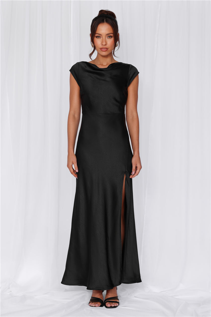 HELLO MOLLY The Valentina Cap Sleeve Satin Maxi Dress Black