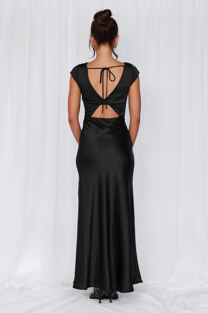 HELLO MOLLY The Valentina Cap Sleeve Satin Maxi Dress Black