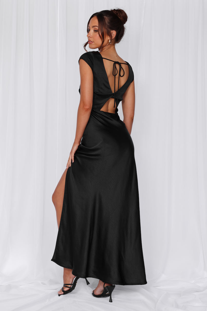 HELLO MOLLY The Valentina Cap Sleeve Satin Maxi Dress Black