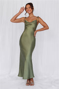 HELLO MOLLY The Penelope Cowl Satin Maxi Dress Olive