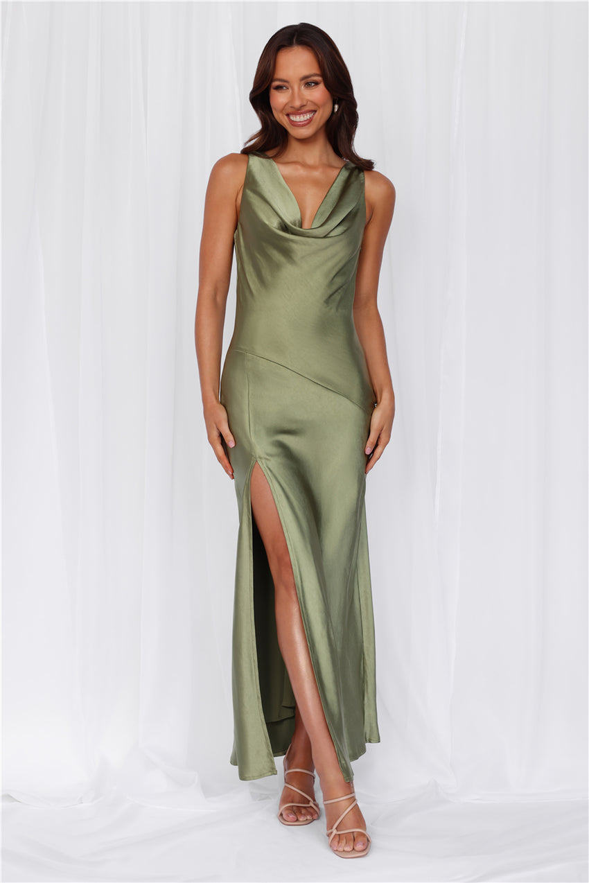 The Loretta Cowl Satin Maxi Dress Olive