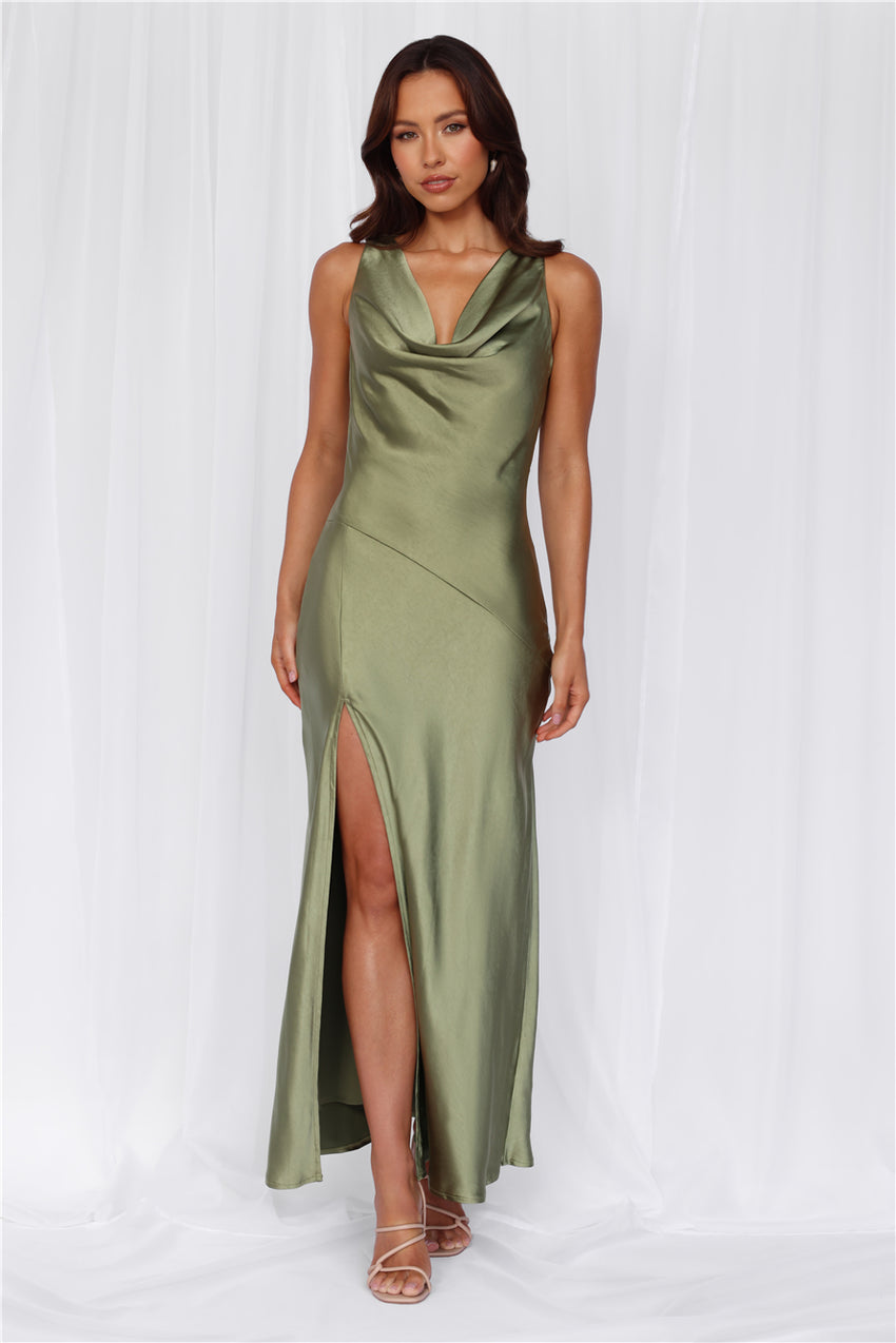 The Loretta Cowl Satin Maxi Dress Olive