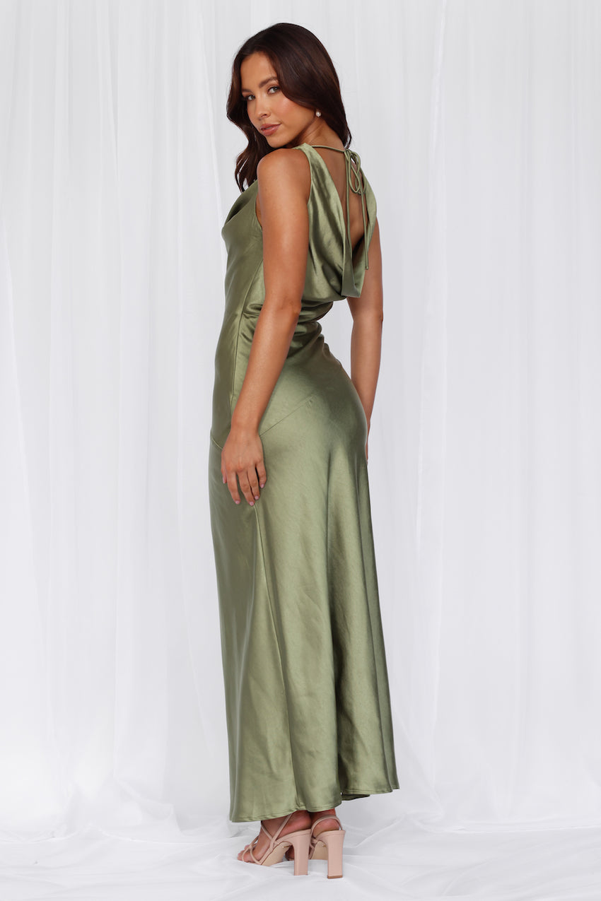 HELLO MOLLY The Loretta Cowl Satin Maxi Dress Olive