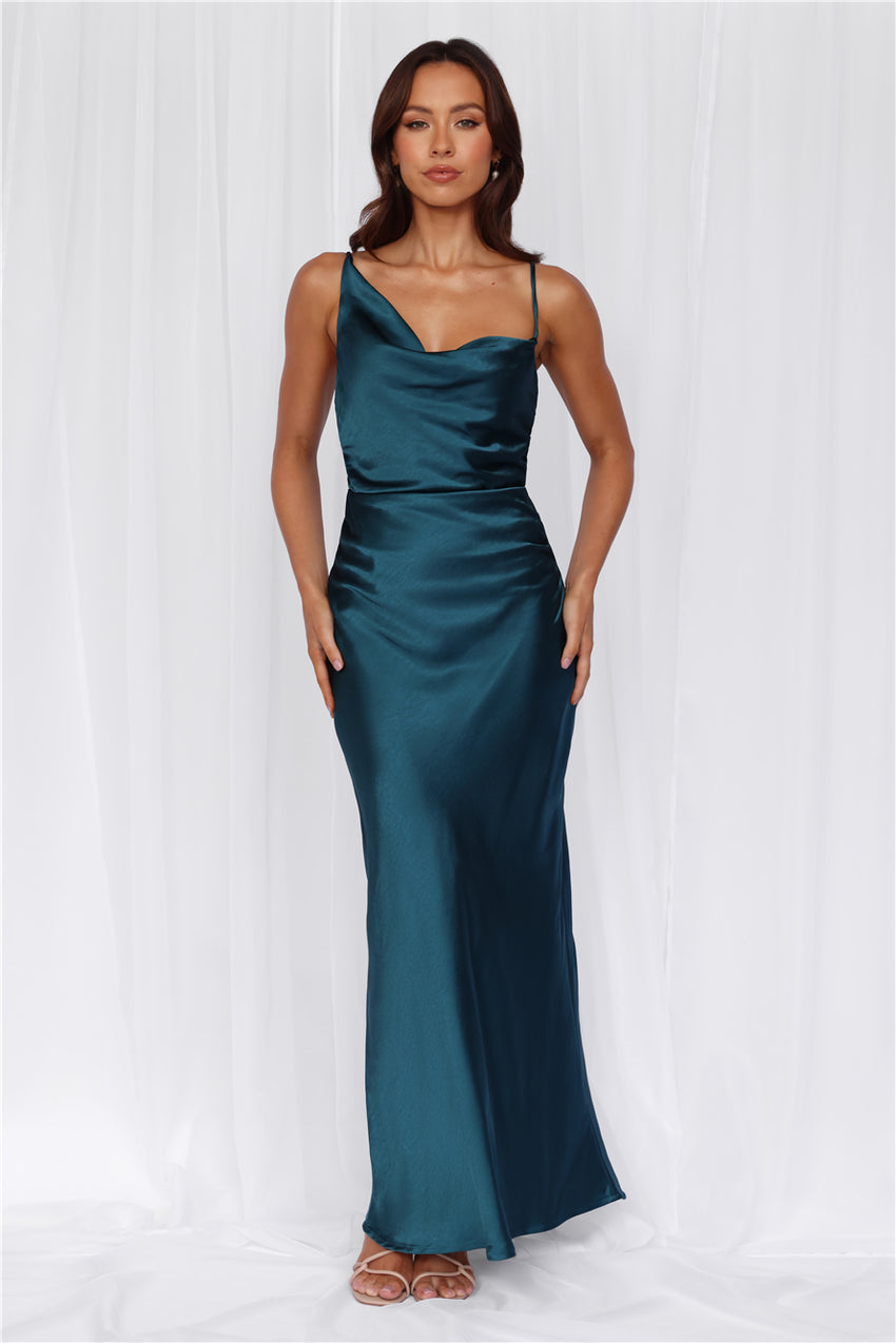 HELLO MOLLY The Madeline Cowl Satin Maxi Dress Teal