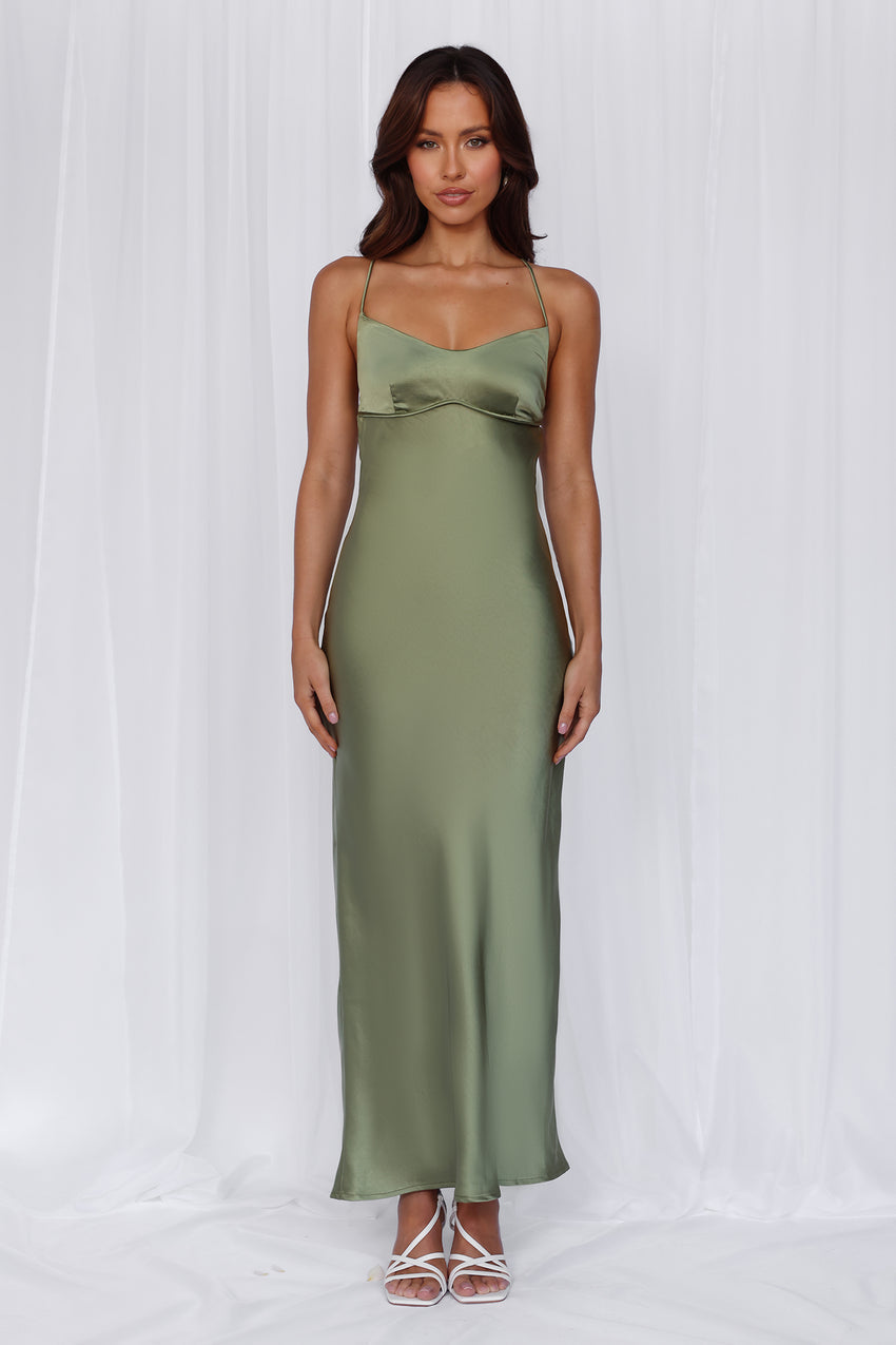 HELLO MOLLY The Samara Satin Maxi Dress Olive