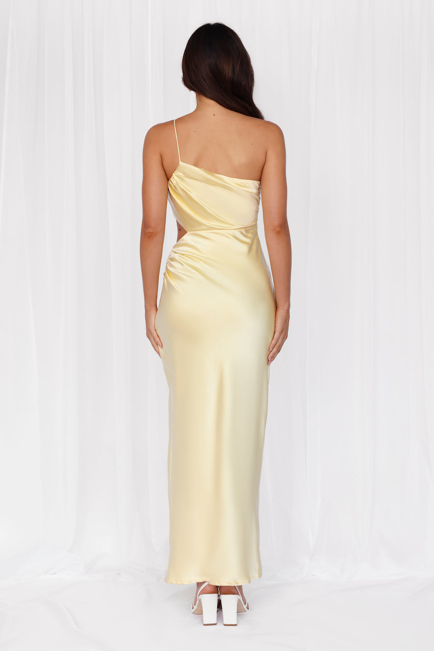 HELLO MOLLY The Opal One Shoulder Satin Maxi Dress Yellow